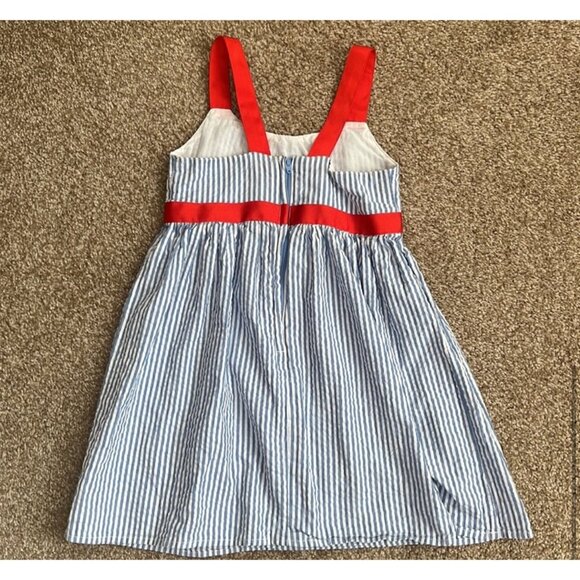 girls seersucker blue/white striped dress w/ red ribbon strap sz 6 EUC - Picture 3 of 6